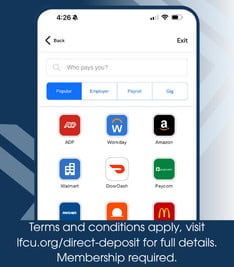 A screenshot of Pinwheel, Lafayette Federal's direct deposit enrollment tool.